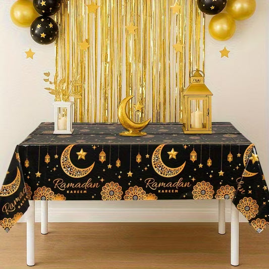 Black & Gold Ramadan Tablecloth 220×130 cm – Moon, Star & Lantern Design